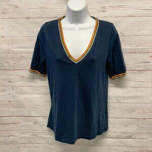 Faherty Navy Short Sleeve V-Neck Tee with Multicolor Stripe Trim